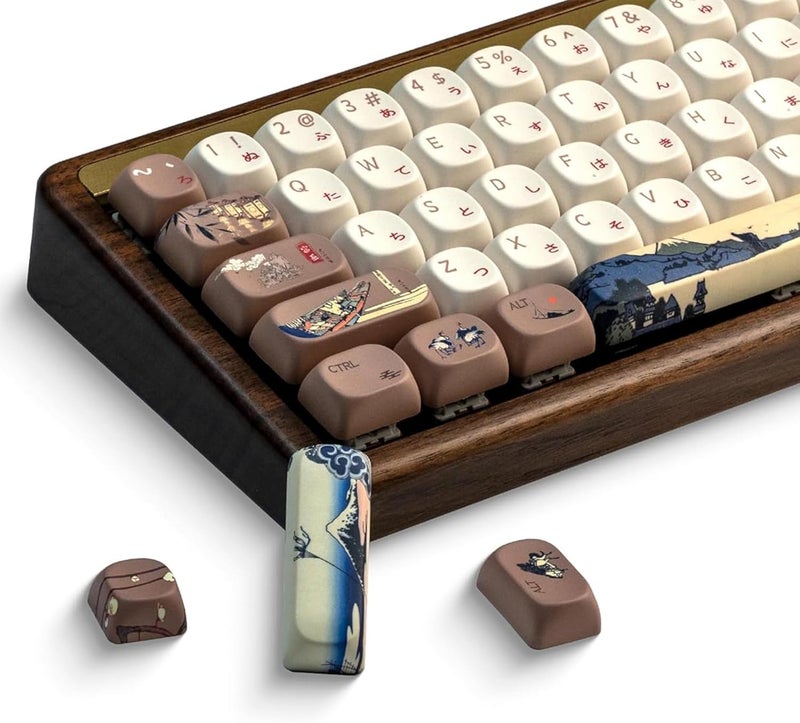 OHY XVX MOA Profile Japanese Fuji Mountain Theme PBT Keycaps Set, 140-Key Coffee & Cream Custom Keycaps for US Layout Mechanical Keyboards (Brown/Beige Design with Key Puller) - Image 1